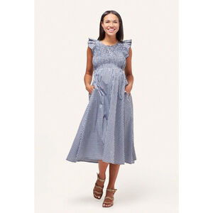 Nom Harper Smocked During & After Women’s Dress Size L Navy Blue White Gingham